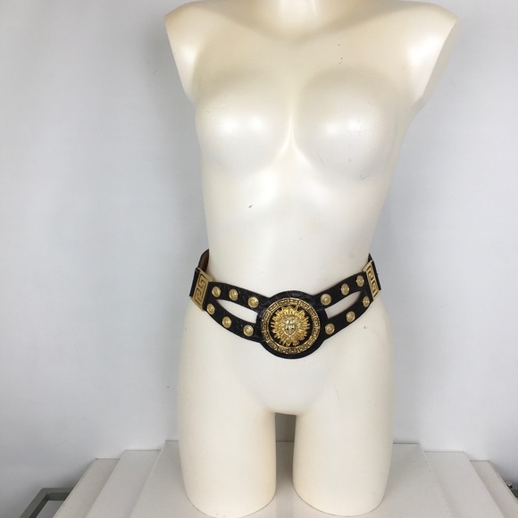 Vintage Accessories - Vintage Lion Head Gold Tone Wide Statement Belt Black Croc Embossed